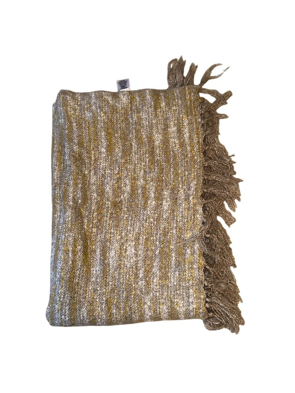West Elm Throw Blanket Tan Nubby Acrylic Fringe Shawl Wrap 44x56 Marled Minimal